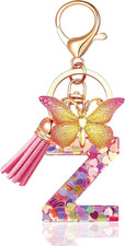 Initial letter Keychains for Women Tassel Butterfly Pink Purple Cute Car Keychai