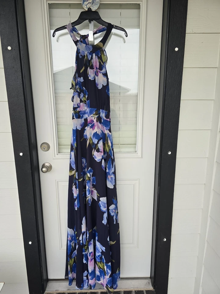 Eliza J Floral Halter Maxi Dress Size 8 – Navy Blue Multicolor Print, Lined, Tie - Image 4 of 4