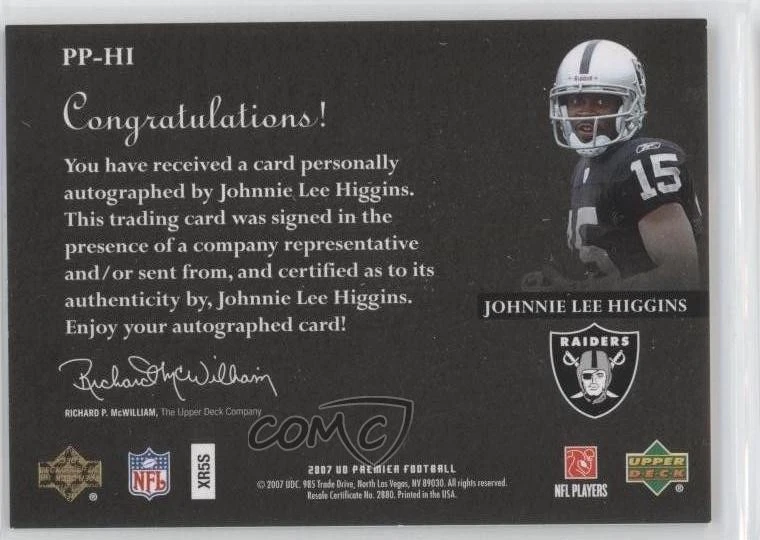2007 UD Premier Penmanship Hologold /50 Johnnie Lee Higgins Rookie Auto RC - Image 2 of 2