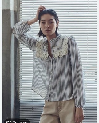 Mango Striped Lace-Yoke Blouse in White & Blue
