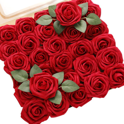 60Pcs Artificial Roses Flowers with Stem and 10Pcs Green Leaves Real Looking Fak