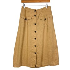 VTG Ralph Lauren Linen Button Front A-Line Midi Tan Size 4 Skirt Heritage Safari