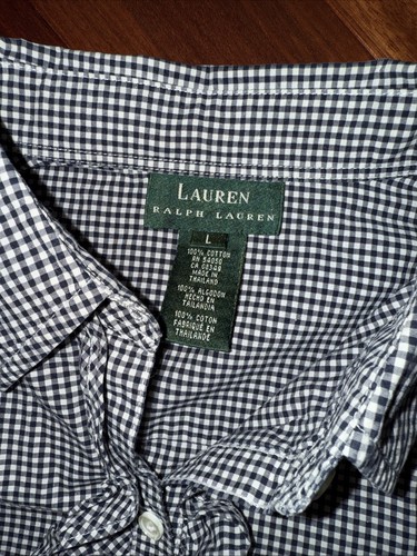 Lauren Ralph Lauren Womens Gingham Ruffle Front Button Shirt SZ L Black White - Picture 4 of 5