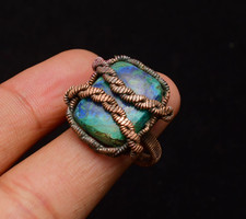 Azurite Gemstone Copper Wire Wrapped Handmade Jewelry Ring Size 7