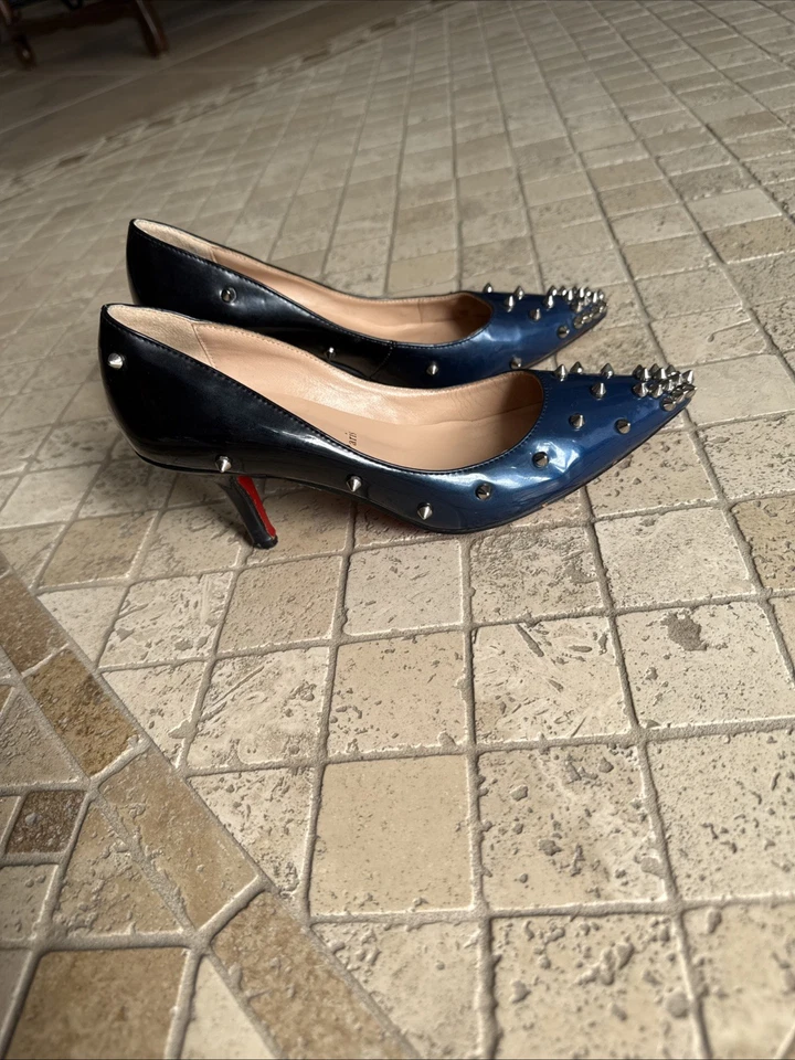 Christian Louboutin Patent Blue Ombré  Spiked Pumps 34 - Image 2 of 4