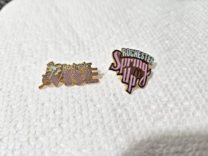 Two Rare McDonald's Enamel Crew Lapel Pins Rochester Vice & Rochester Spring Up