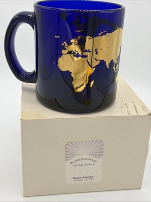 Vintage Shasta Visions Cobalt Blue Glass Mug 22K Gold World Map Planet Earth Art