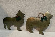 2 Collie Dog Christmas Tree Metal Ornaments  1 has tag  4.5" tall, 5" long
