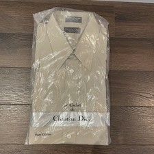 Vintage New Christian Dior Button Dress Shirt in Tan Designer Cotton 15.5/33