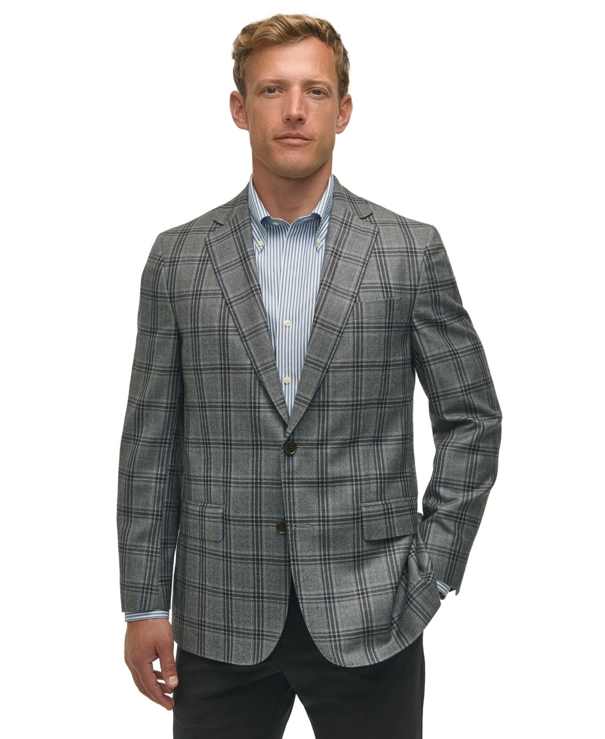 Brooks Brothers Mens Classic fit Sport Coat Blazer 44 S Blue Grey Plaid Stretch
