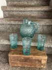 Vintage ANCHOR HOCKING LIDO MILANO Aqua Teal Blue BALL PITCHER w/GLASSES- NICE!