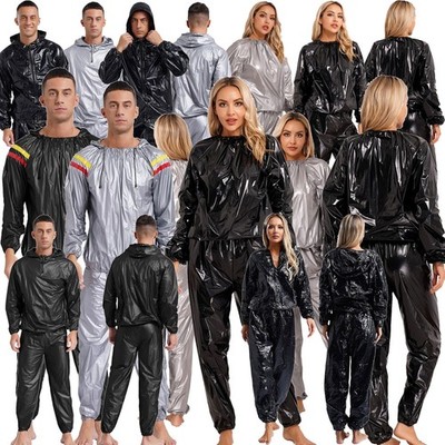 Herren  Zweiteilger PVC Schwitzanzug Kapuzenjacke Sporthose Sauna Suit Sportwear