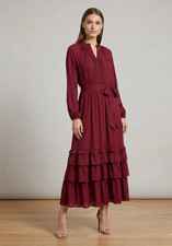 NWT Simply Vera Wang Tiered Ruffle Maxi Dress Opulant Maroon Red Wine Silky L