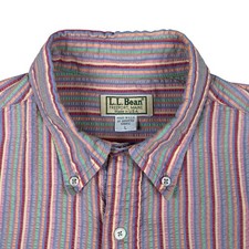VTG 80s 90s LL Bean Pastel Striped Seersucker Short Sleeve Button Up Shirt Sz L