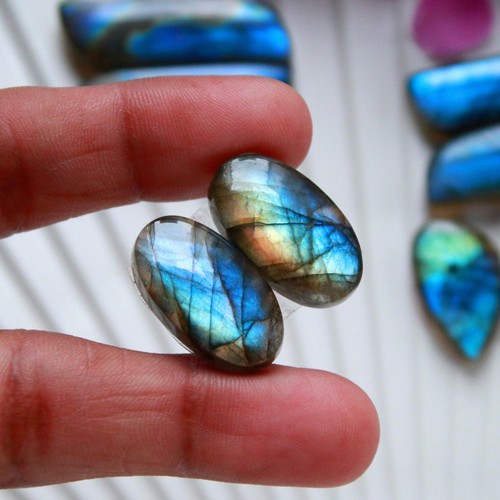 4Pairs 148Ct Natural Labradorite Cabochon Gemstone Pair Lot 36x10 20x12mm #15802 - Picture 4 of 9