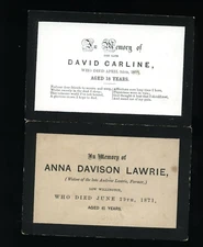 (2) Two Victorian Funeral Memorial Cards 1860 1871 Antique Mourning Memento Mori