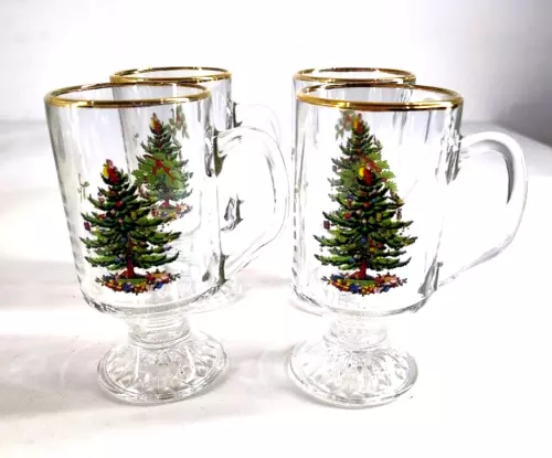 4 Vtg Spode Pedestal Stem Glass Irish Coffee Mugs Christmas Tree Gold Rim