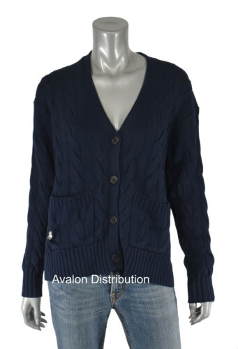 Women's Polo Ralph Lauren Navy Cotton Cable Knit Cardigan Sweater New - Picture 1 of 4