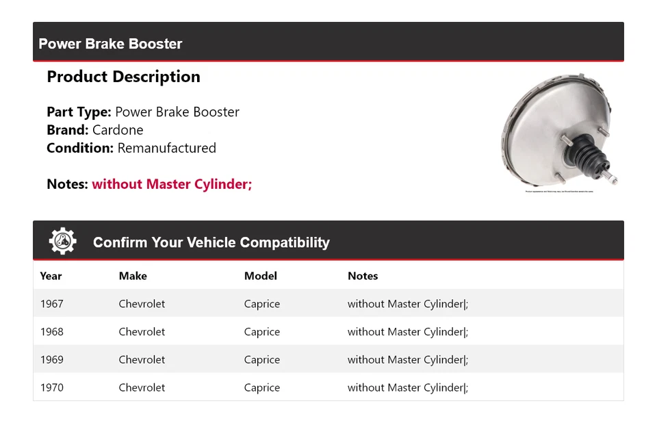 Para Chevrolet Caprice 1967-1970 Potencia Brake Booster Cardone 1968 1969 Foto 2 de 4