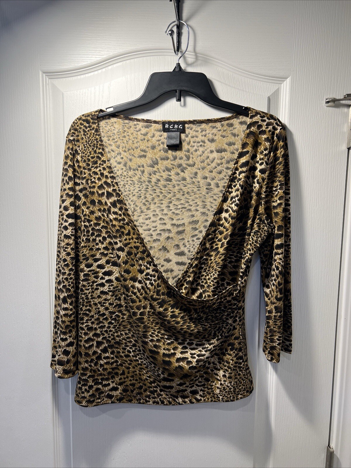 BCBG Shirt Womens Large Brown Animal Print Cheetah Leopard Stretch 3/4 Sleeve