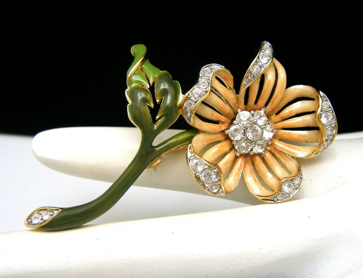 Vintage Nolan Miller Enamel Rhinestones Flower Brooch Gold Tone