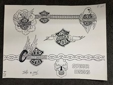 Vintage Wm INKEE BLANCHARD 1994 Tattoo Flash Sheet I-21 Harley Davidson Names