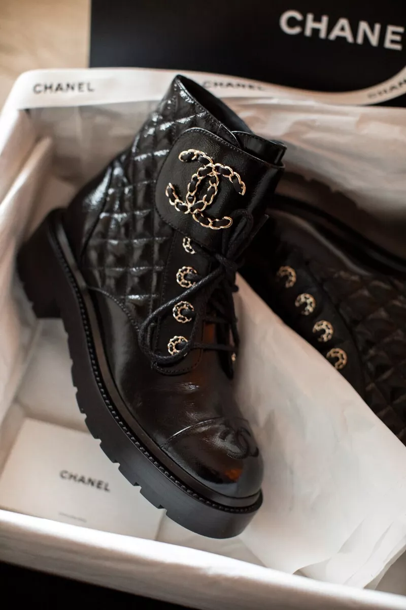 Chanel Brave Leather Quilted Combat Boots Patent Black, NIB: US 6.5 | EU  36.5