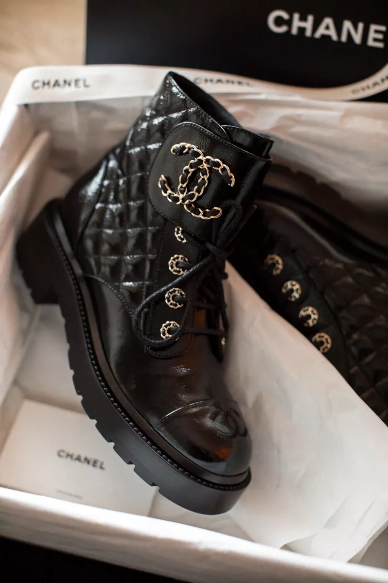 Chanel Calfskin Quilted Lace Up Combat Boots 37.5 Black