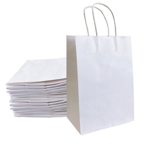 100 White Kraft Paper Gift Bags with Handles Packaging Retail