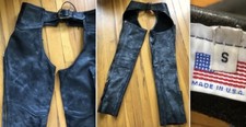 VTG 80s BLACK WAXED LEATHER CHAPS MOTORCYCLE HEAVY DUTY USA-MADE WOMEN'S S GUC