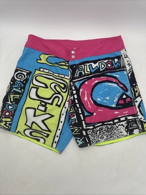 VINTAGE Quiksilver Board Shorts Mens 34 Multicolor 80s Surf Graphic Trunks