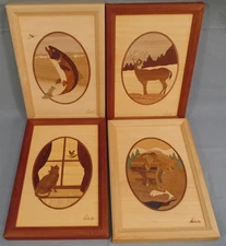 4 Hudson River Inlay Nelson Trout Bear Deer Cat Wood Marquetry Cabin Decor 