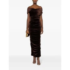 Alex Perry Layne Off Shoulder Brown Velvet Ruched Midi Dress Size 6