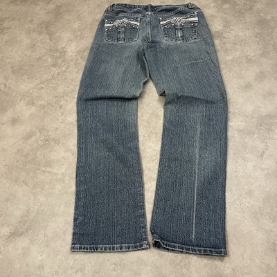 Vintage Y2K Bootcut Jeans L Blau Bestickt Damen Lowwaist Flared Miss Me Style