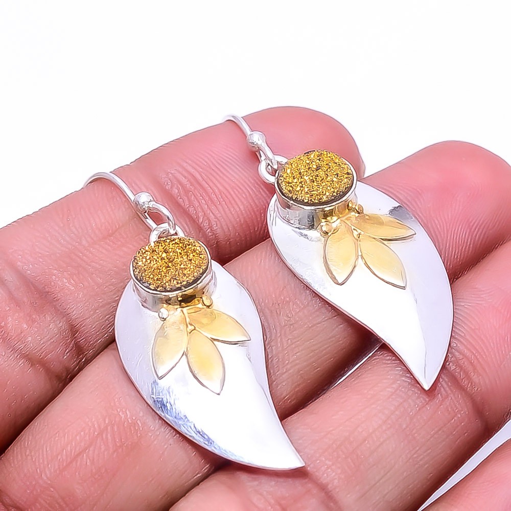 Gold Titanium Agate Drusy 925 Sterling Silver Two Tone Leaf Earring 1.95