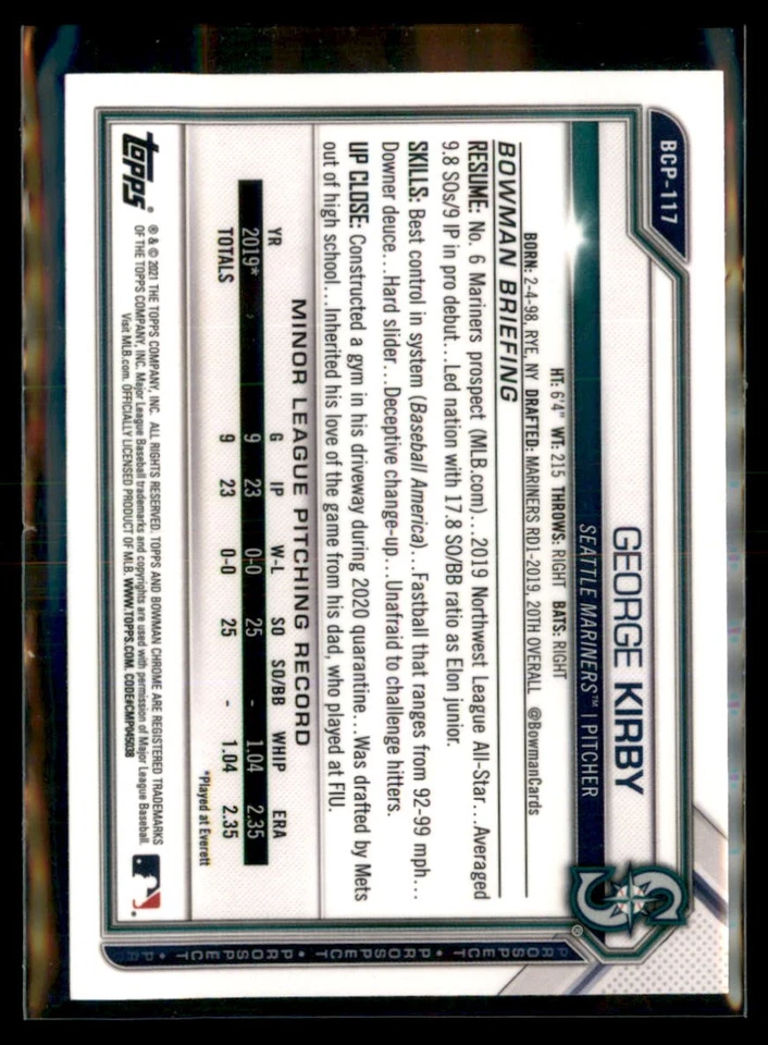 2021 Bowman Chrome Sapphire George Kirby Mariners BCP-117 - Image 2 of 2