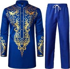 Men Africa Suit Long Sleeve Print Dashiki and Pants Outfit Traditial 2 Piece Set