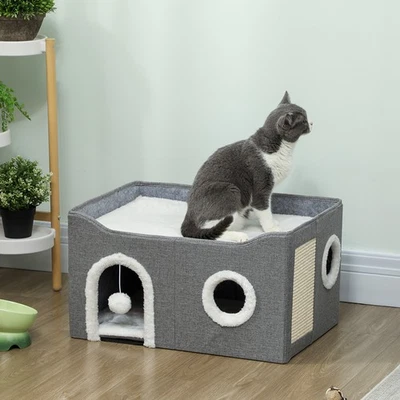 PAWHUT Large Cat House for Indoor Pets with Fluffy Ball and Scratch Pad, Grey