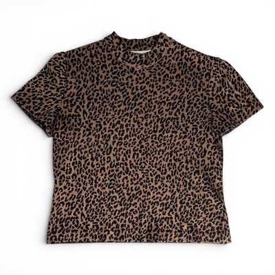 St. John Knit Womens Leopard Print Mock Neck Short Sleeve Wool Blend Top Brown S