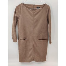 Ann Taylor Womans Faux Suede Shift Dress Tan Brown 4P Long Sleeve Pockets