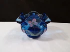 Fenton Blue Glass Hand Painted Rose Bowl Vase Pinkish Floral Design