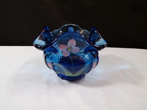 Fenton Blue Glass Hand Painted Rose Bowl Vase Pinkish Floral Design