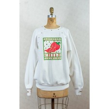 Vintage 80s Women's Retro Chile Pepper Sweatshirt, Studded Glitter Pullover, M