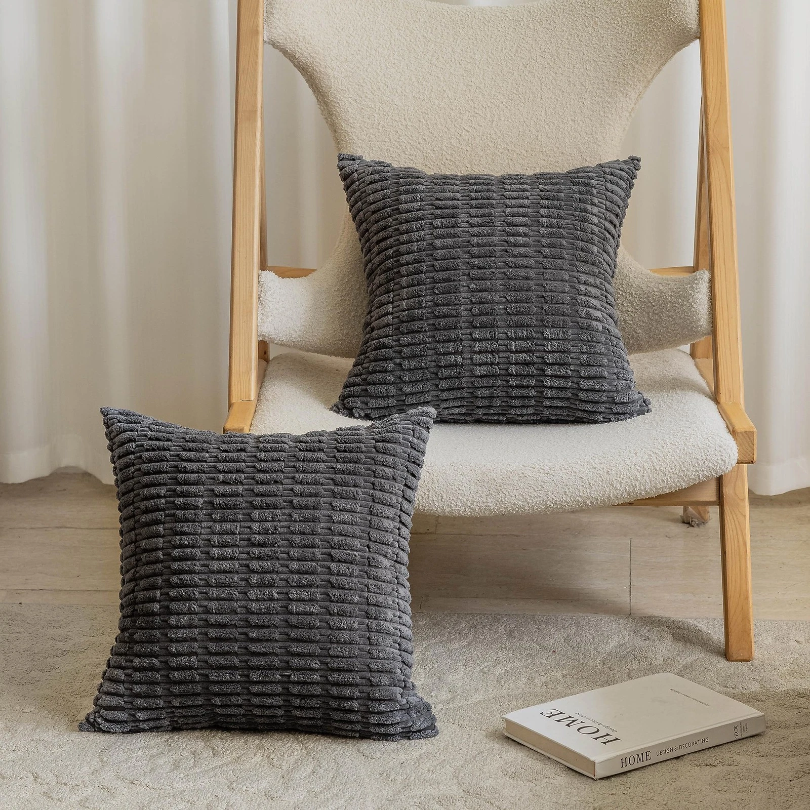 Grey Pillow Covers 18x18 Square Plush Throw Pillows for Couch Solid Corduroy ...