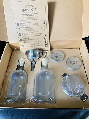 HomeMade GIN KIT 6 Pieces Glass Bottles Strainer Funnel Botanicals Juniper &MORE