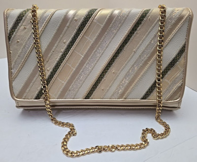Vintage Mixed Faux Animal Print Diagonal Stripe Clutch Purse Bag w/ Chain Strap