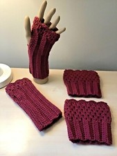 Crochet Fingerless Gloves and Matching Boot Toppers - Dark Cranberry