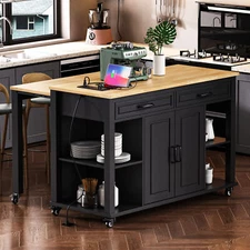 47" Kitchen Island w/Extendable Dining Table, Rubber Wood Veneer Kitchen Table