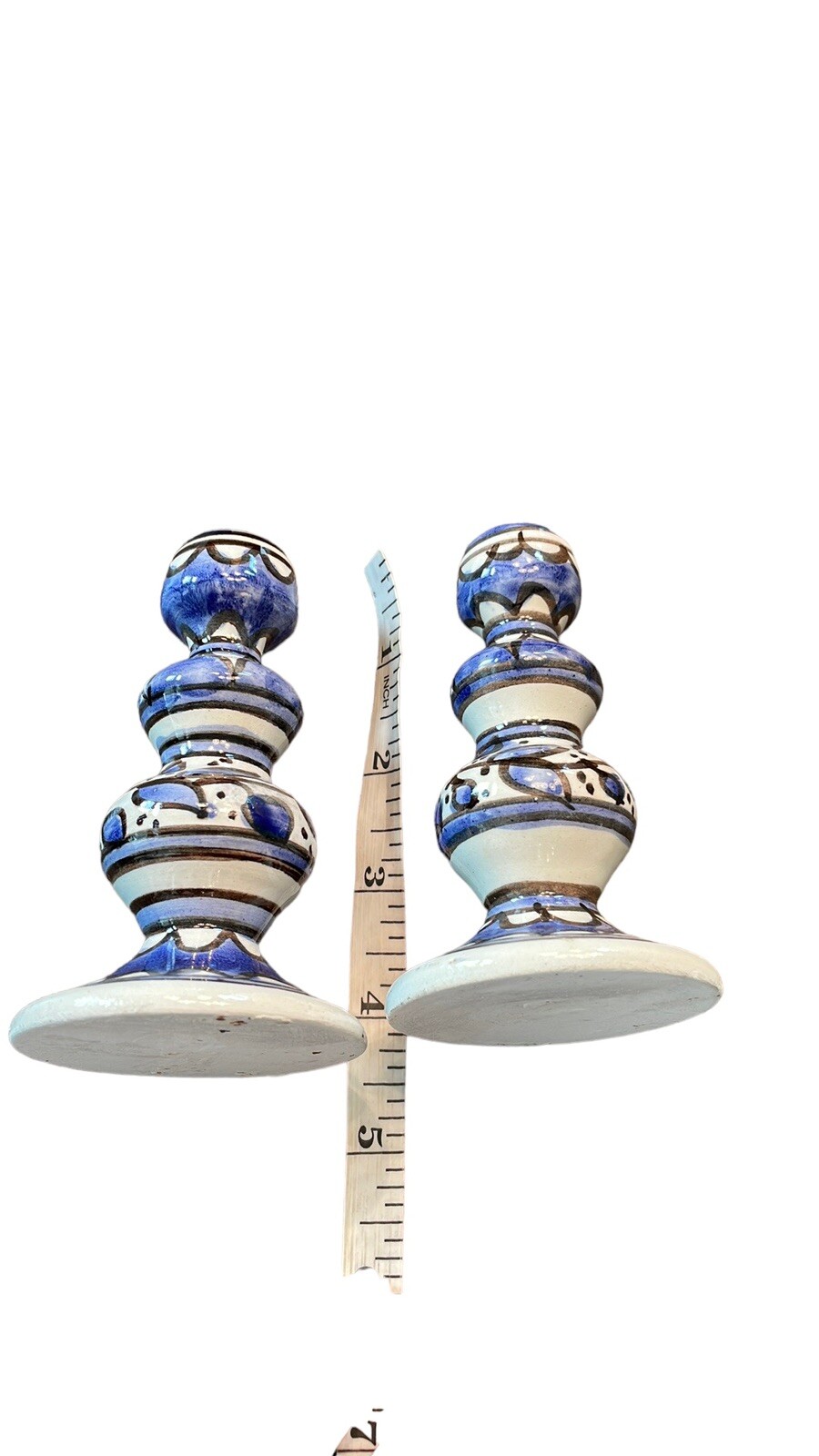 Blue And White Ceramic Candle Holders Pair, Floral Pattern