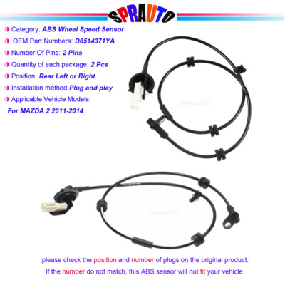 2Pc ABS Wheel Speed Sensor Set Rear LH & RH For MAZDA 2 11-14 L4 1.5L D6514371YA